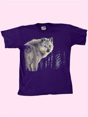 Vintage 90s Harlequin Nature Graphics Wolf Graphic Tee Purple Medium